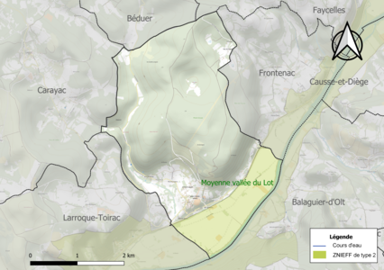 Carte de la ZNIEFF de type 2 sur la commune.