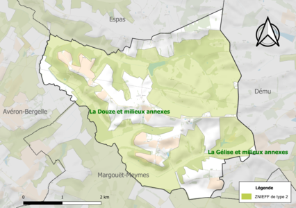 Carte de la ZNIEFF de type 2 sur la commune.