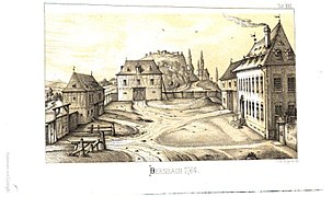 Neuer Gutshof der Staatsdomäne Dernbach 1764, im Hintergrund die Burgruine