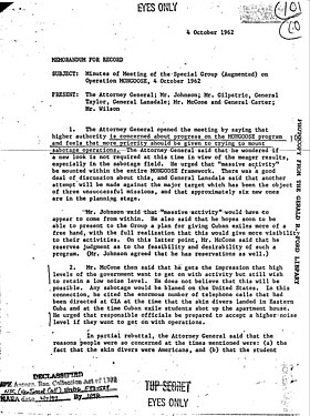 Première page du rapport d'une réunion de l'opération Mangoose, 4 octobre 1962.