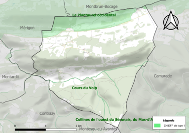 Carte des ZNIEFF de type 1 sur la commune.