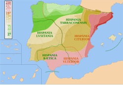 Časovni potek rimskega osvajanja Hispanije (220 BC–19 pr. n. šz.) z mejami rimskih provinc