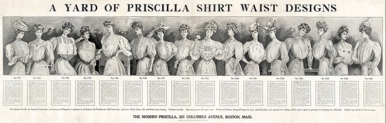 The baggy, bloused style, of the Garibaldi shirt, heavily influenced the Late and post-Victorian fashions, as seen in a 1906 advertisement, in The Modern Priscilla, a needlework magazine, showing 16 different designs for shirtwaists, with details, about patterns and materials.