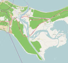 Mapa konturowa Świnoujścia, w centrum znajduje się punkt z opisem „Most Piastowski”