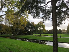 petit canal bordé de pelouses et arbre à droite