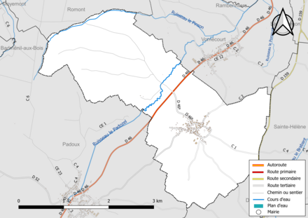 Carte en couleur présentant le réseau hydrographique de la commune