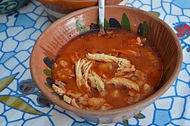 Red pozole, served in Mexico City