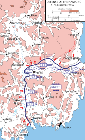 A map of troop movements against a defensive line on the southeastern tip of a landmass