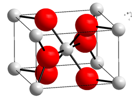 Molecuulmodel van lood(IV)oxide ■ Pb4+ ■ O2−