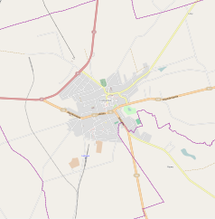 Mapa konturowa Lubawy, w centrum znajduje się punkt z opisem „Parafia św. Jana Chrzciciela i św. Michała Archanioław Lubawie”