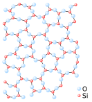 Atoms of Si and O; each atom has the same number of bonds, but the overall arrangement of the atoms is random.