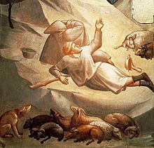 Fresco painted in grey, yellow and black. A blaze of yellow light comes from the upper right from an angel not visible in this detail. A startled shepherd lying on the ground is twisting around to see the angel. The light from the angel touches the mountainside, figures and sheep.