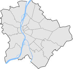 Mapa konturowa Budapesztu, blisko centrum na lewo znajduje się punkt z opisem „Katolicki Uniwersytet Pétera Pázmánya”