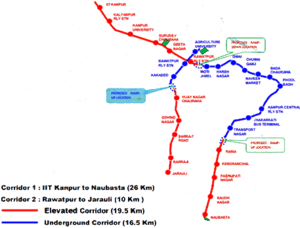 A map of the current network of Kanpur Metro