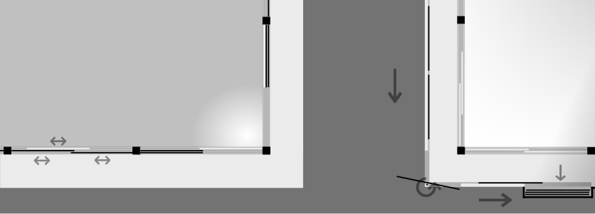 Plan view of the mairado and amado shutter systems, showing rotator and to-bukuro. Black squares are pillars. Shoji in white, shutters in black, grooves in grey. See also external movie.