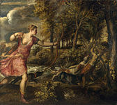 The Death of Actaeon, 1559-1575. In Titian's later works, the forms lose their solidity and melt into the lush texture of shady, shimmering colors and unsettling atmospheric effects. In addition to energetic brushwork, Titian was said to put paint on with his fingers toward the completion of a painting.