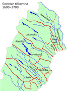 Vuosina 1600–1700 perustetut pitäjät. Läänin koilliset rajapitäjät ulottuivat nykyisen Suomen puolelle.