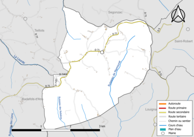 Carte en couleur présentant le réseau hydrographique de la commune