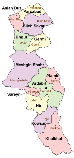 Location of Nir County in Ardabil province (bottom, yellow)