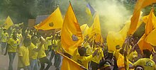 Fans in yellow shirts with yellow flags, wreathed in smoke