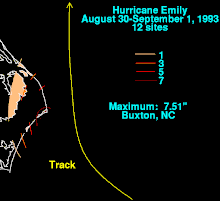 A color-coded rainfall map, showing the hurricane's track and light rain concentrations in the Outer Banks