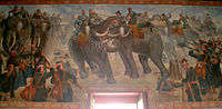 Elephant duel between Naresuan and Mingyi Swa during the Battle of Nong Sarai as wall murals in Phra Ubosot, Wat Suwan Dararam, Ayutthaya, Thailand.