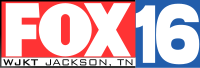 From top left: A bright red box with the Fox logo next to a blue box containing a bold, somewhat squished numeral 16". Below the red box is a white box with the words "W J K T Jackson, T N" in black. The appearance is similar to that of the logo of W R E G - T V in Memphis.