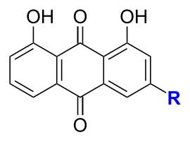 Für R = CH3 handelt es sich um Chrysophanol, R = CH2OH ist Aloe emodin und R = COOH ist Rhein.