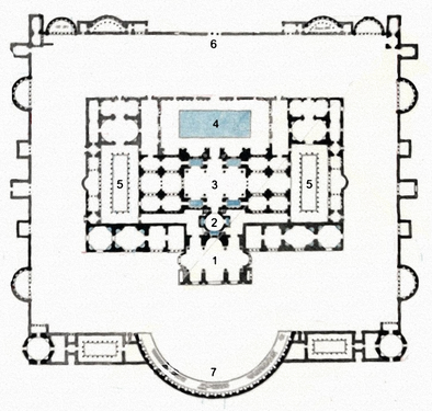 Grundplan över Diocletianus termer. 1) caldarium, 2) tepidarium, 3) frigidarium, 4) natatio, 5) palaestrae, 6) entré, 7) exedra.