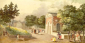 Vers 1830, l'ancienne orangerie à droite (à gauche le petit labyrinthe).