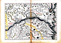 Kaart van de stad Nieuw-Mangazeja met omgeving aan het einde van de 17e eeuw (uit het schetsboek van de Tobolskse bojarenzoon Semjon Remezov uit 1701).