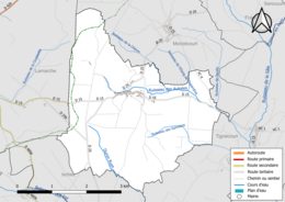 Carte en couleur présentant le réseau hydrographique de la commune