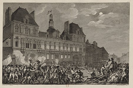 La colonne de la Convention arrive sur la place de Grève vers 2 heures du matin. On voit tomber d'une des fenêtres éclairées Augustin Robespierre qui essaie de se suicider (gravure d'Helman d'après Monnet).