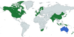 Um mapa das nações concorrentes em verde e o país anfitrião (Austrália) em azul.