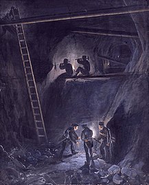 Fra Kongens gruve, Kongsberg, tegning fra 1834 som forestiller arbejde i miner på Kongsberg.