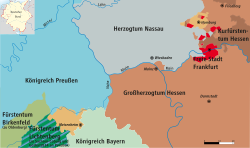 Bản đồ Hesse-Homburg (màu be) và Middle Rhine