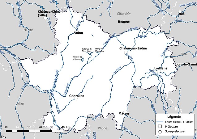 Carte des cours d'eau de longueur supérieure à 50 km de Saône-et-Loire.