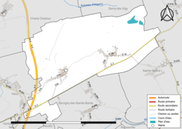 Carte en couleur présentant le réseau hydrographique de la commune