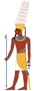 Full-length profile of man in ancient Egyptian clothing. He has red-brown skin and wears a helmet with tall yellow plumes.