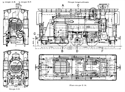 Plan d'une locomotive 030 T construite par les Ateliers de construction du Nord de la France de Blanc-Misseron (ANF) en 1894 pour le Chemin de fer sur route de Paris à Arpajon (PA).