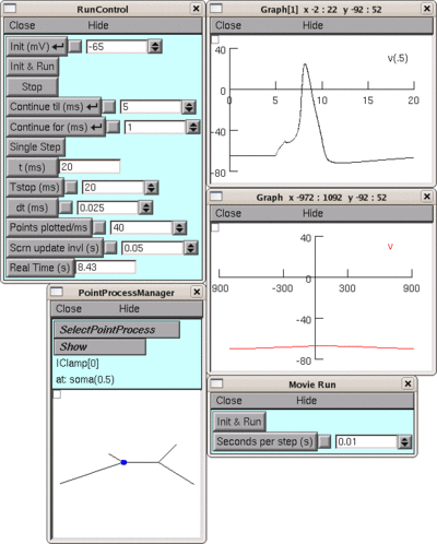 A screenshot of the Graphical User Interface of NEURON. Source: Neuron tutorial - https://www.neuron.yale.edu/neuron/static/docs/cbtut/stylized/usemodel.html