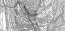 Lead Geologic Map. Note the locations of the Ellison, Old Abe, Highland, Deadwood Terra, and DeSmet shafts, south to north. The Caledonia Cut is labelled with a "1".[19]: 14 