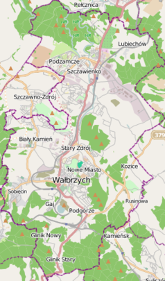 Mapa konturowa Wałbrzycha, blisko górnej krawiędzi znajduje się punkt z opisem „Zamek Książ”