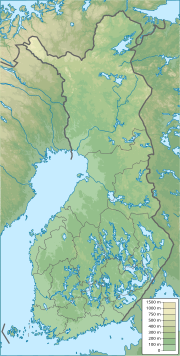 Mapa konturowa Finlandii, blisko dolnej krawiędzi znajduje się punkt z opisem „Zatoka Fińska”