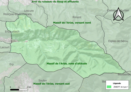 Carte des ZNIEFF de type 1 sur la commune.