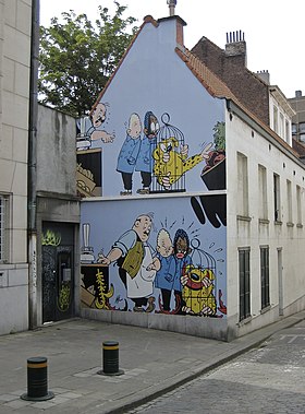 Façade latérale d'une maison comportant deux scènes de Blondin et Cirage, rue des Capucins, à Bruxelles