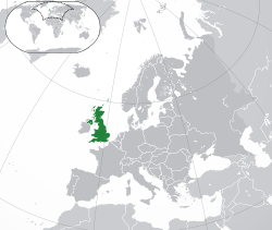 Two islands to the north west of continental Europe. Highlighted are the larger island and the north tip if the smaller island to the west.