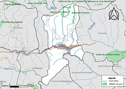 Carte des ZNIEFF de type 1 sur la commune.