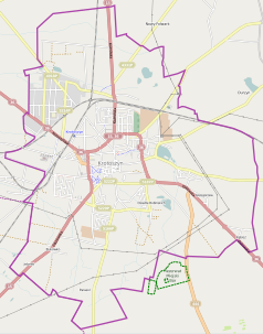 Mapa konturowa Krotoszyna, u góry nieco na lewo znajduje się punkt z opisem „Kościół Świętej Marii Magdaleny w Krotoszynie”