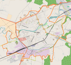 Mapa konturowa Mukaczewa, po lewej nieco na dole znajduje się ikonka zamku z wieżą z opisem „Zamek Palanka”